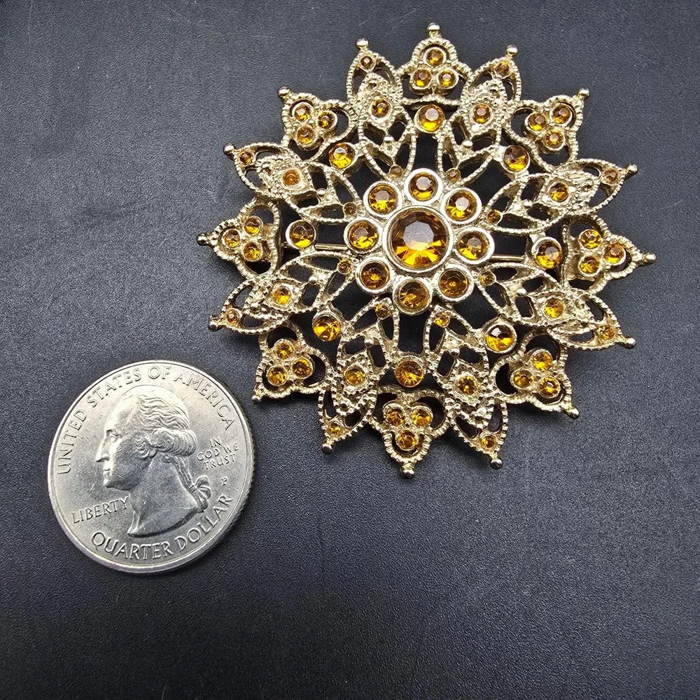 Amber Rhinestone Starburst Brooch Gold Tone Statement Jewelry